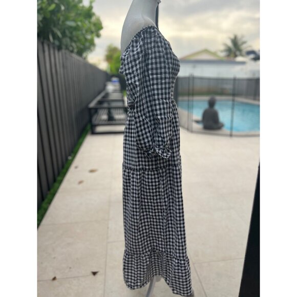 Plaid Gingham Cottage Maxi Dress black Voile Prairie Core Corset Romantic S/M - Picture 3 of 5